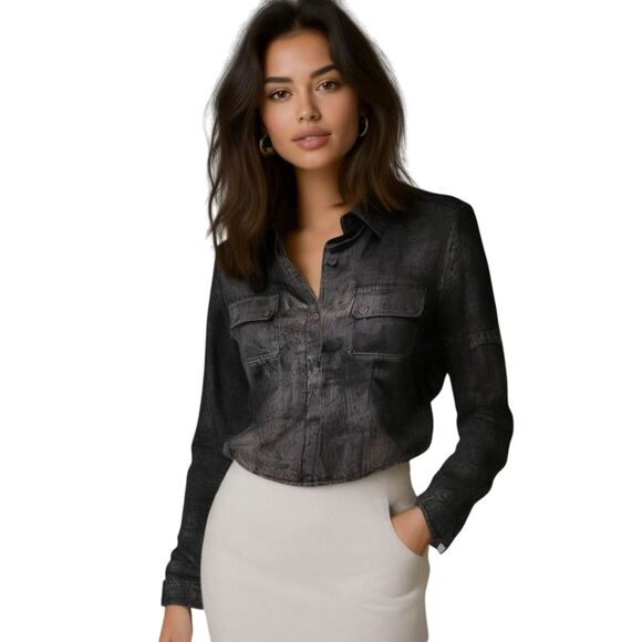 Calvin Klein Black Shimmer Texture Button Up Long Sleeve Top Size M - Picture 1 of 7